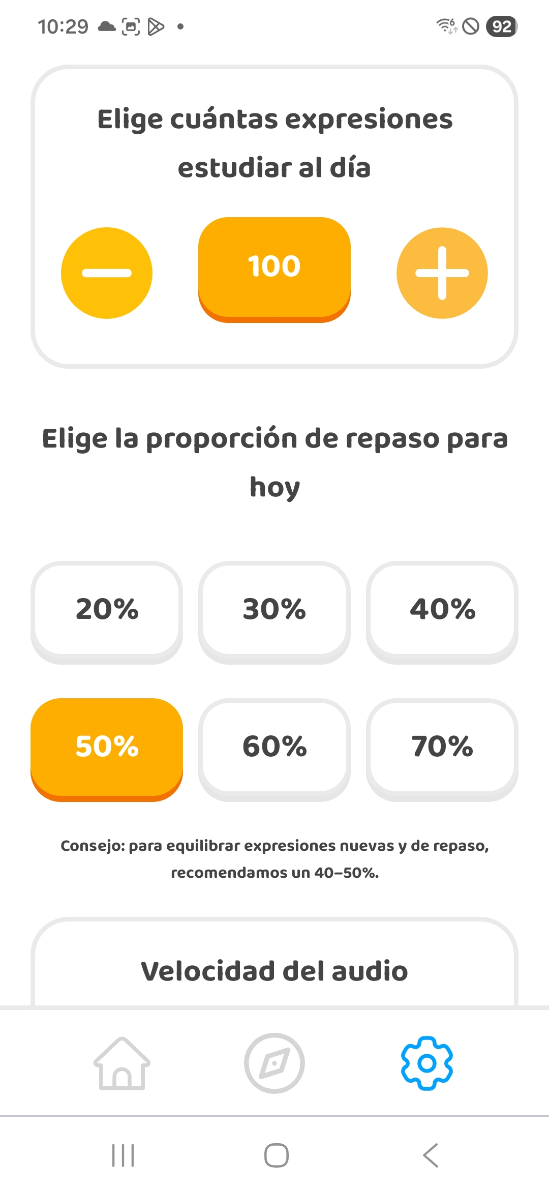 Configuración de la cantidad diaria de estudio